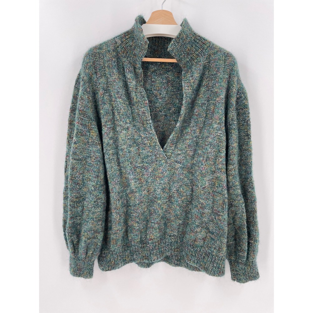 Green Marled Cable Knit Collared Sweater Oversized Grandpa Cottagecore